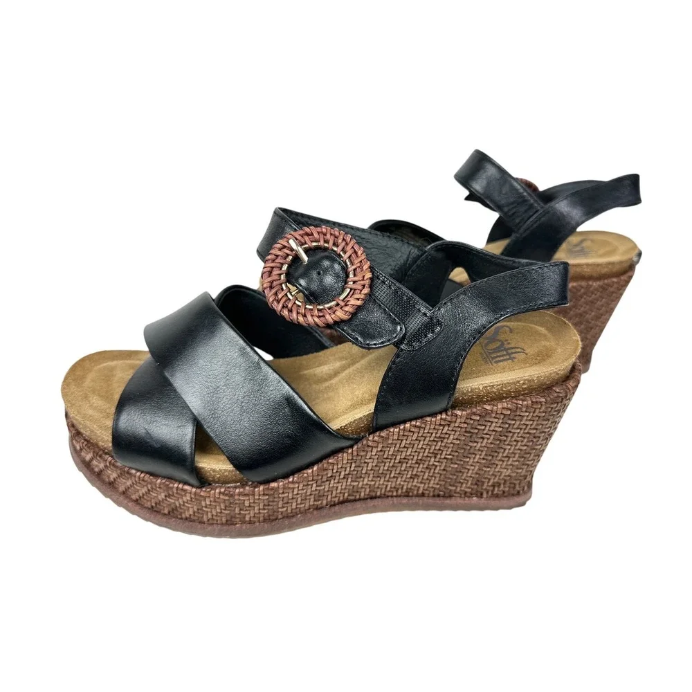 Sofft Black Leather Wedge Sandals Woven Platform Buckle Detail Womens 7.5 M